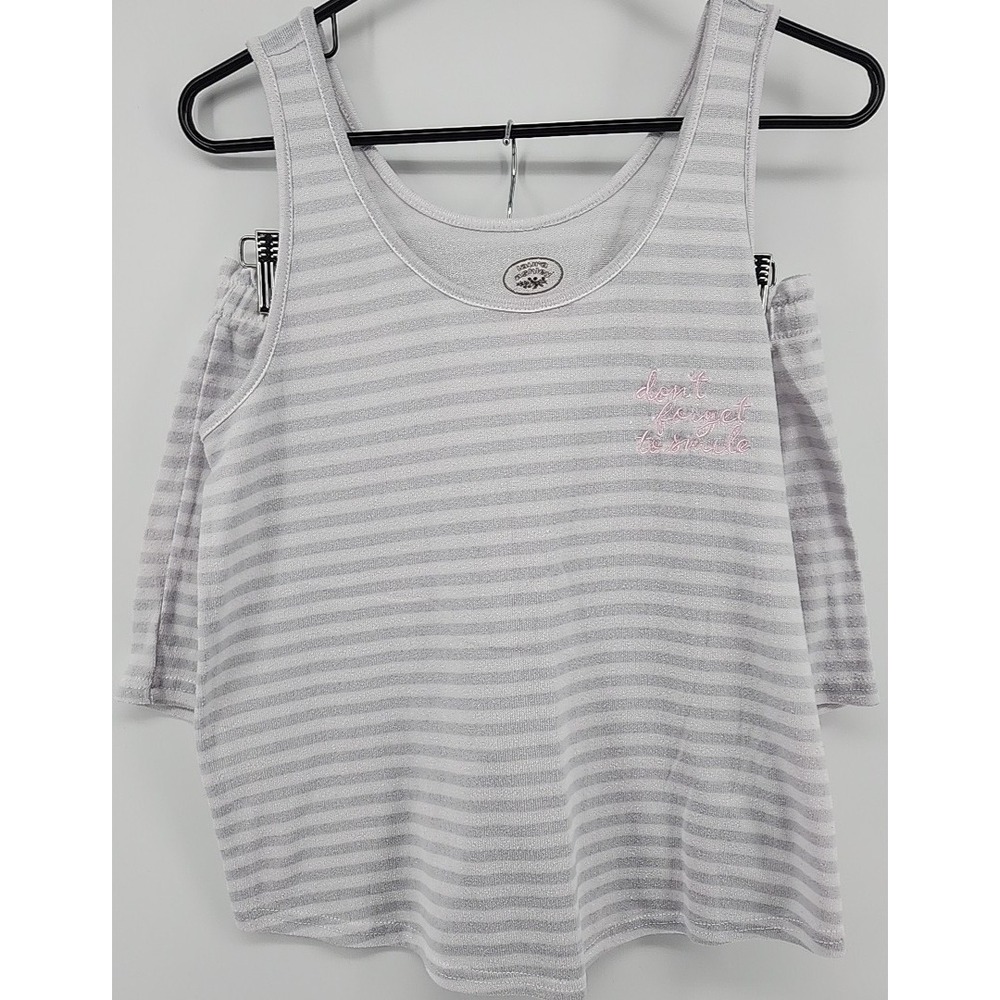 Laura Ashley Womens Pajama Set Medium Gray White Striped Shimmer Tank Shorts 2pc